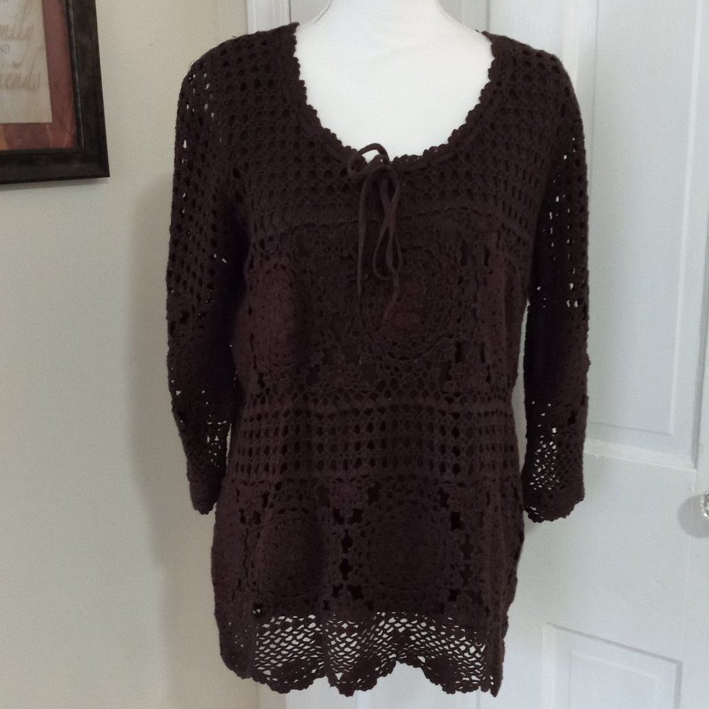 ROAMAN'S Women's Lined Crochet Top with Drawstring Neckline (Size M/14-16) BROWN